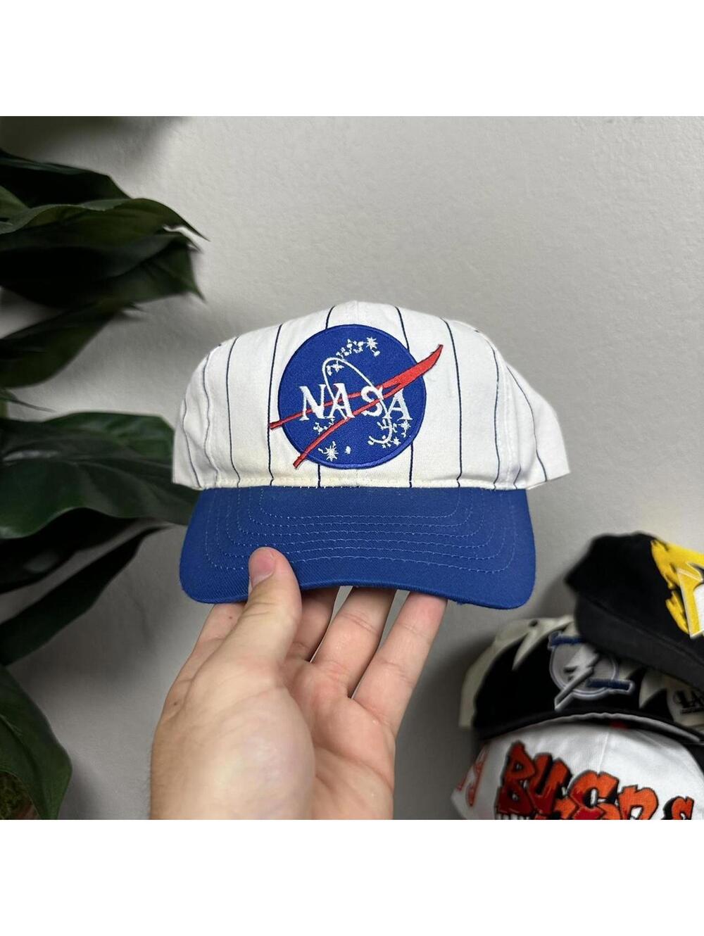 Vintage NASA embroidered logo white blue pinstriped SnapBack baseball hat